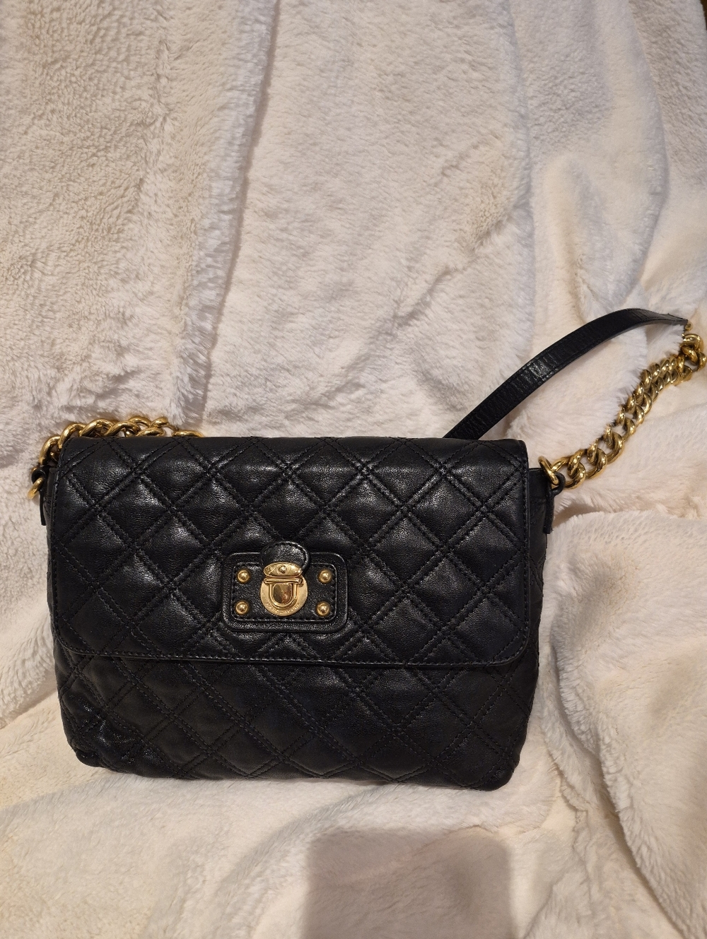 Black Quilted Chain Shoulder Bag with Gold Hardware